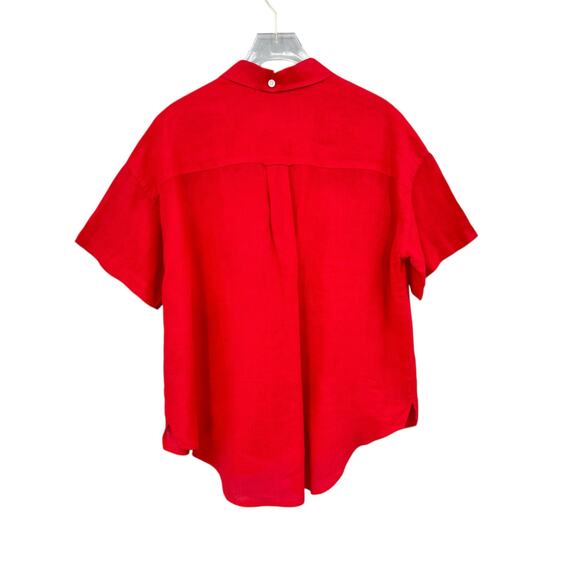 Alex Mill Bright Solid Red 100% Linen Short Sleeve Button Up Utility Camp Shirt - Picture 8 of 10